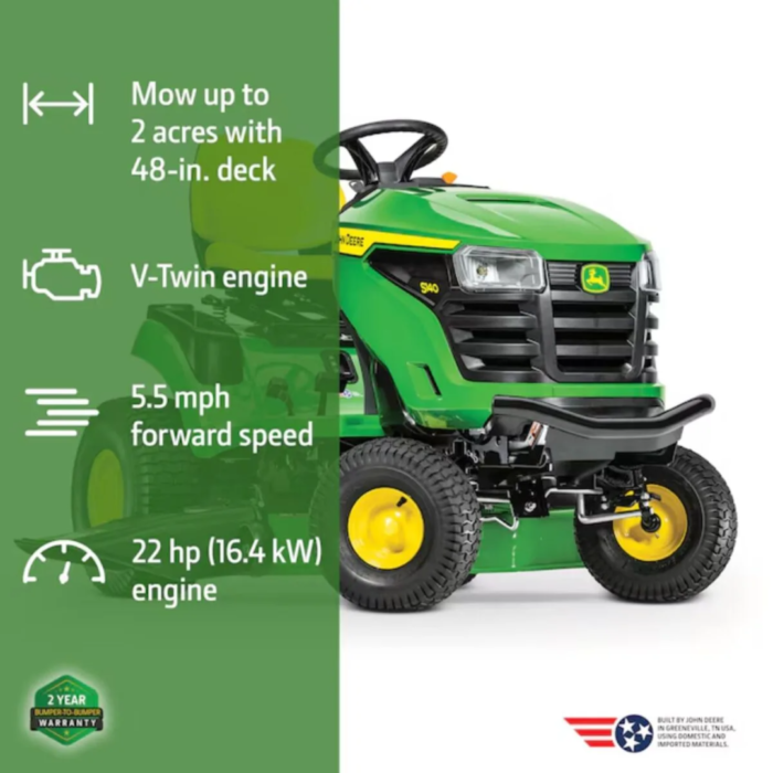 John Deere S140 48-Inch Riding Lawn Tractor – 22 HP V-Twin Hydrostatic Lawn Mower - Image 3